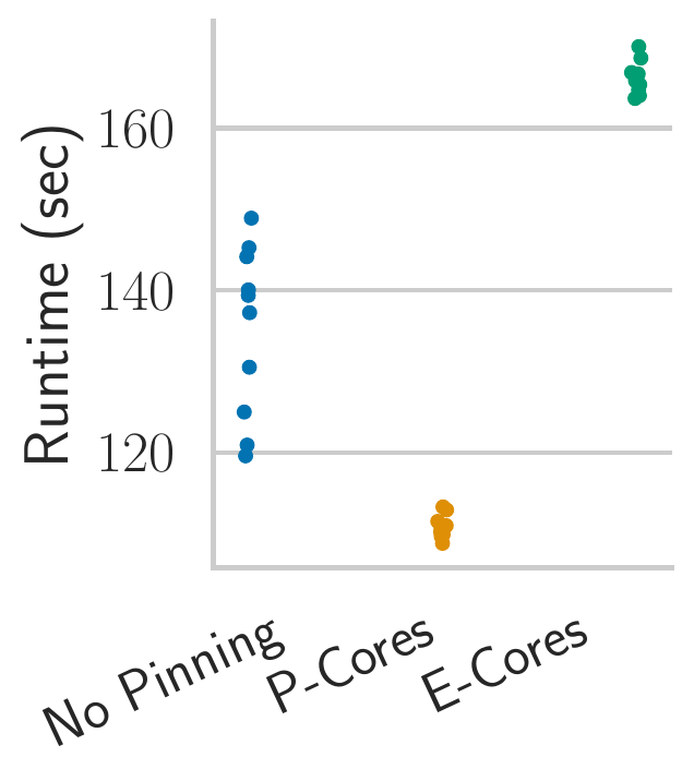 Strip plot of SPEC CPU runtime under no pinning, P-core pinning, and E-core pinning; runs pinned to P-cores are fastest and runs pinned to E-cores are slowest.